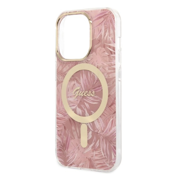 Guess GUBPP14LHJEACSP Case + Wireless Charger Apple iPhone 14 Pro pink hard case Jungle MagSafe