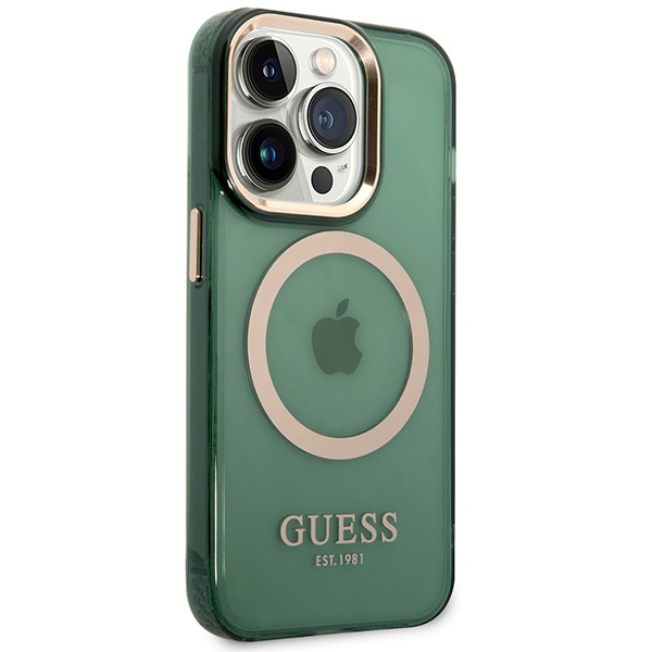 Guess GUHMP14XHTCMA Apple iPhone 14 Pro Max khaki hard case Gold Outline Translucent MagSafe