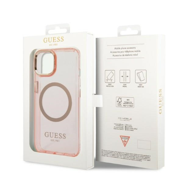 Guess GUHMP14MHTCMP Apple iPhone 14 Plus pink hard case Gold Outline Translucent MagSafe