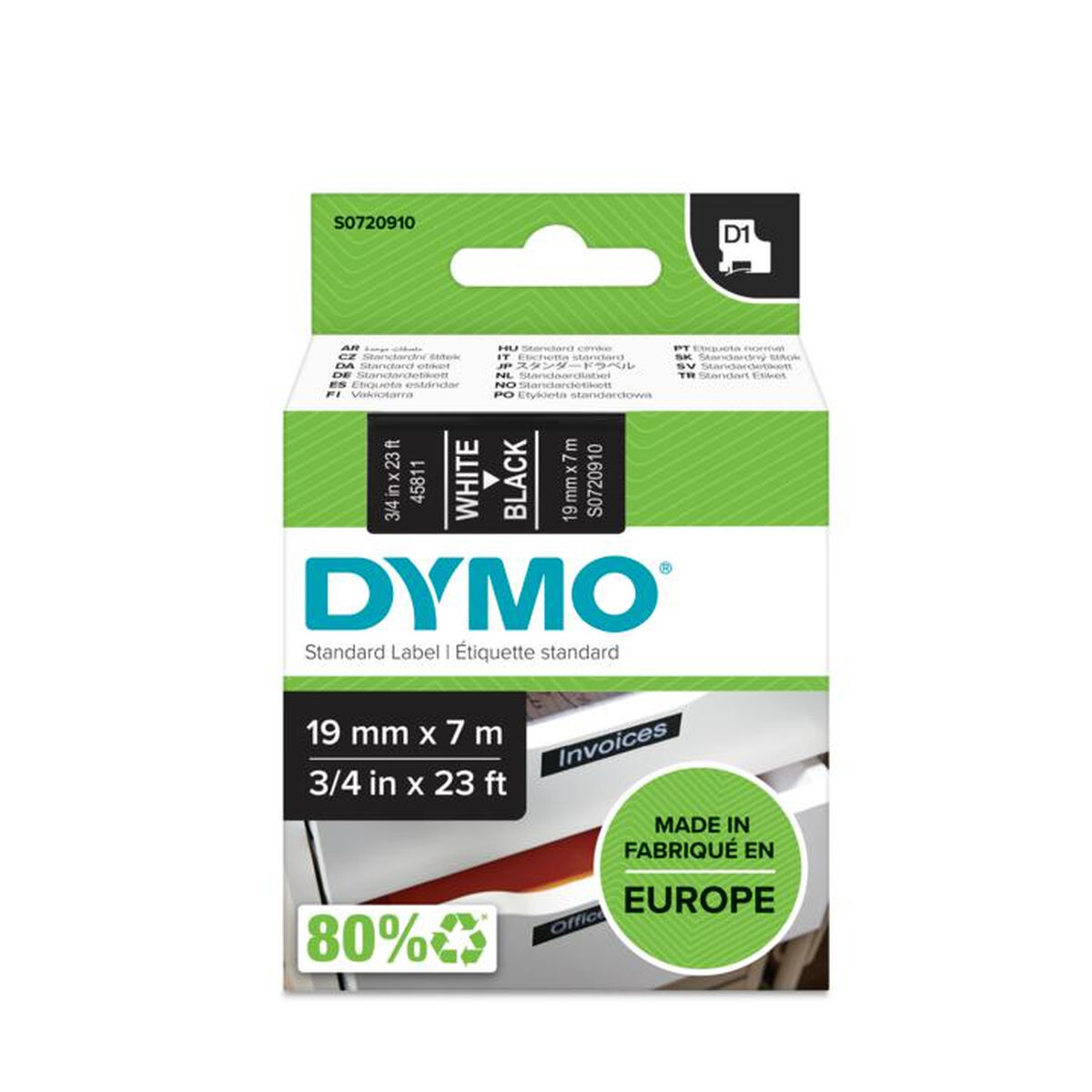 Laminated Tape for Labelling Machines Dymo D1 45811 LabelManager™ Black White 19 mm (5 Units)