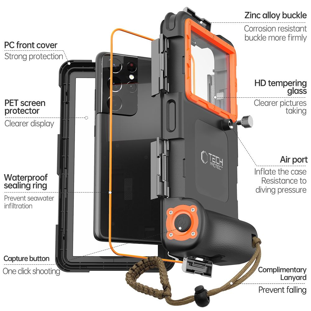 Tech-Protect IPX8 Universal Diving Waterproof Case black/orange