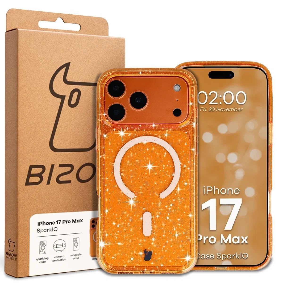 Etui brokatowe z pierścieniem magnetycznym Bizon Case SparklO do Apple iPhone 17 Pro Max, przezroczysto-pomarańczowe z brokatem
