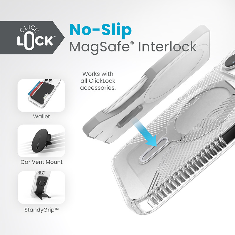 Speck Presidio Perfect-Clear Grip ClickLock MagSafe Apple iPhone 15 Pro (Clear/Chrome Finish/Serene Silver)