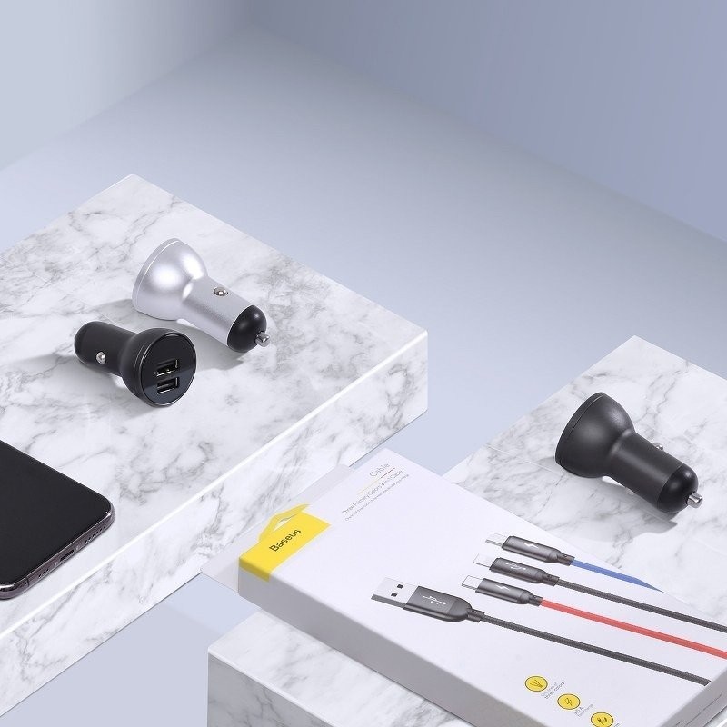 Baseus Digital Display Dual USB 4.8A Car Charger 24W with Three Primary Colors 3-in-1 Cable USB 1.2M Black Suit Grey