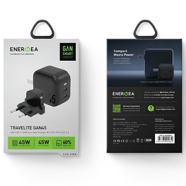 ENERGEA US+EU Travelite GAN45 2xUSB-C, PD, PPS, 45W black wall charger