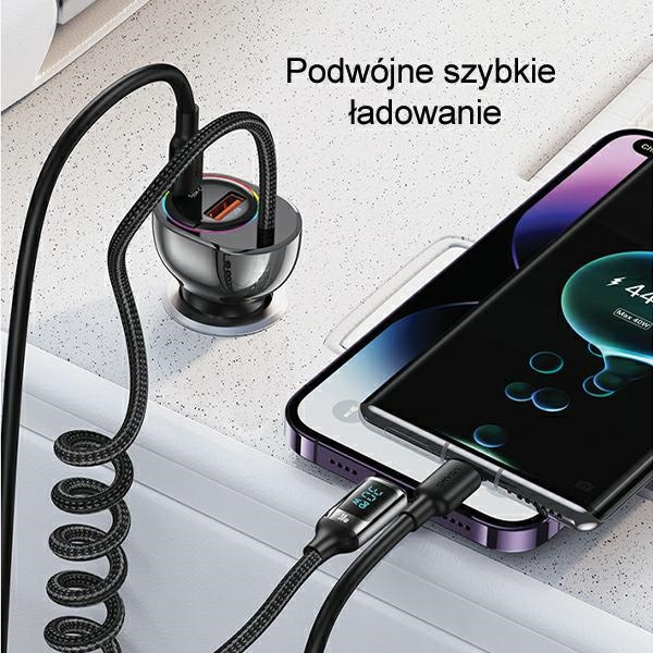 USAMS US-CC193 car charger 1xUSB-A 18W+1xUSB-C 30W + cable Ligtning 30W PD+QC Fast Charge black
