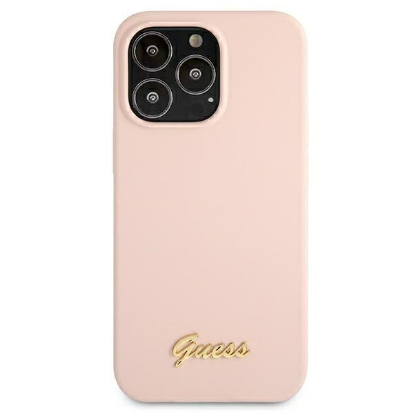 Guess GUHMP13XLSLMGLP Apple iPhone 13 Pro Max light pink hardcase Silicone Script Gold Logo Magsafe