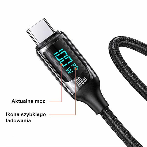 USAMS U78 Cable USB-C/USB-C LED 3m 100W Fast Charging black US-SJ559