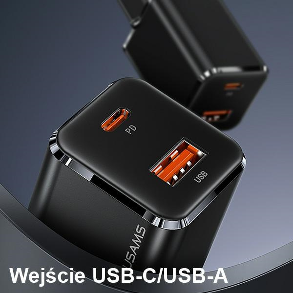 USAMS T43 Wall Charger 1xUSB-C/1xUSB 33W PD 3.0 + QC 3.0 + U63 cable USB-C/Lightning black USKTZ01