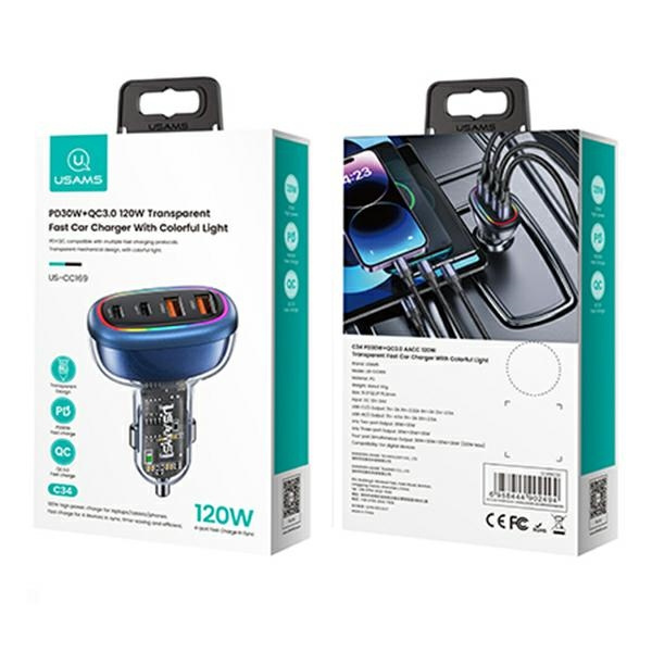 USAMS Car Charger 2xUSB-C 2xUSB-A C34 120W Fast Charge Blue CC169CC01 (US-CC169)