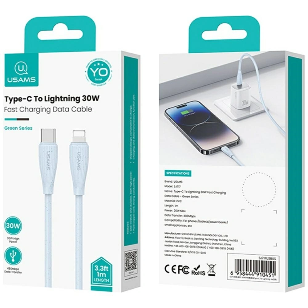 Kabel USAMS Green Series SJ717 30W USB-C / Lightning 1m niebieski