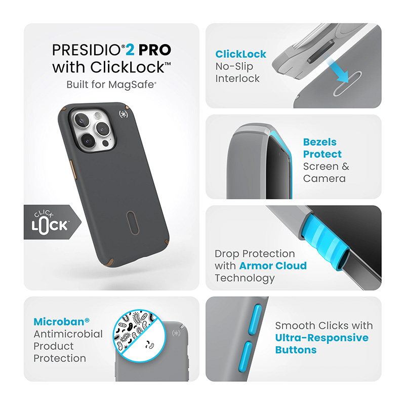Speck Presidio2 Pro ClickLock & MagSafe Apple iPhone 15 Pro (Charcoal Grey/Cool Bronze)