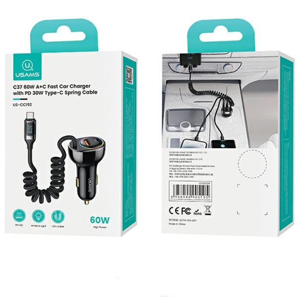 USAMS US-CC192 car charger 1xUSB-A 18W+1xUSB-C 30W + cable USB-C 30W PD+QC Fast Charge black