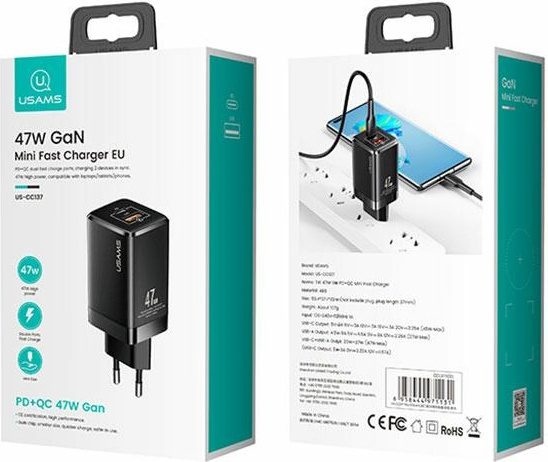 USAMS Wall Charger T41 USB-C+USB GaN 47W PD+QC Fast Charging white CC137TC02 (US-CC137)