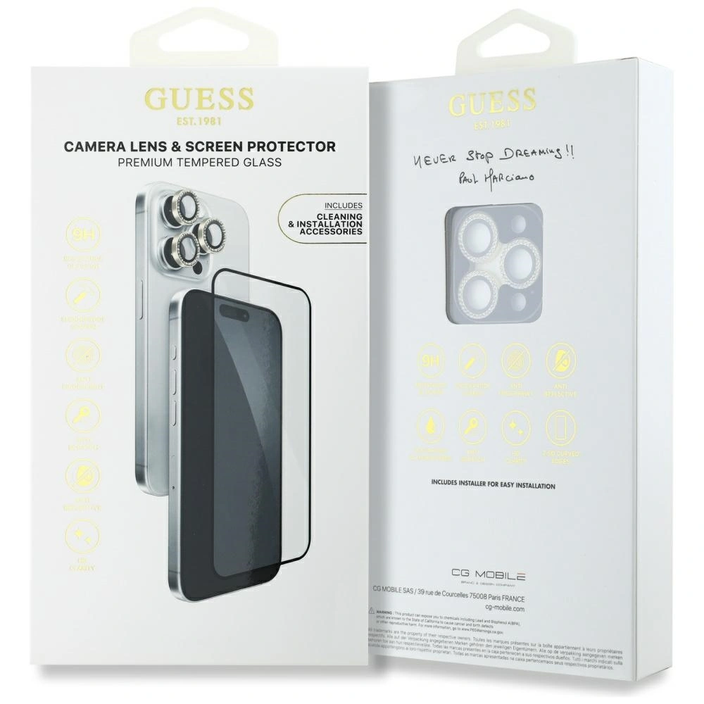 Guess BP Rhinestone 2in1 set tempered glass + lens protector Apple iPhone 16 Pro Max gold