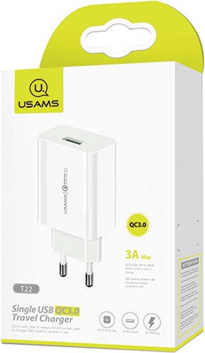 USAMS Wall Charger 1xUSB T22 18W 3A QC3.0 Fast Charging white CC83TC01 (US-CC083)