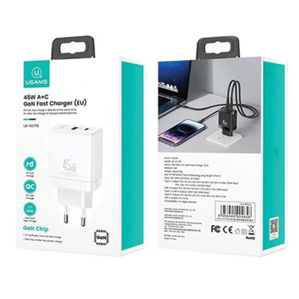 USAMS CC178TC02 wall charger 1xUSB-C+1xUSB-A 45W GaN PD+QC Fast Charging white