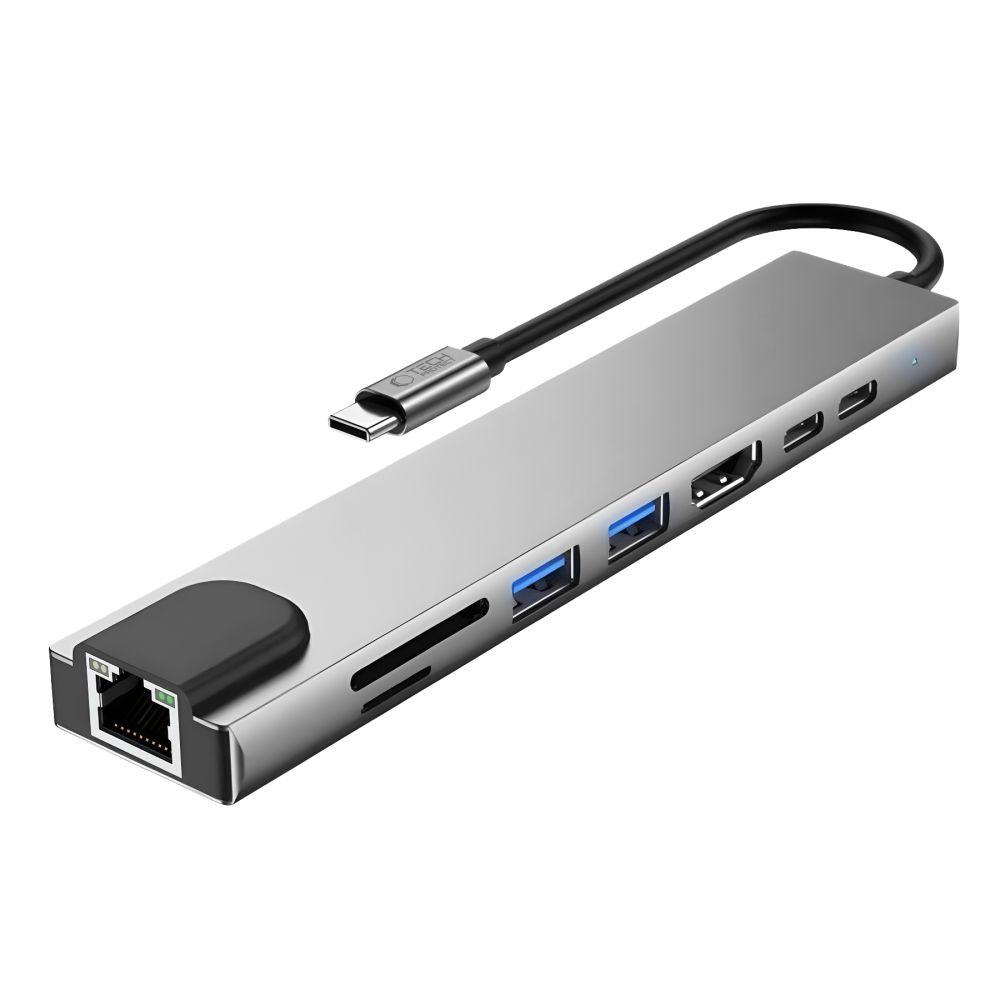 Adapter 8w1 Tech-Protect HB09 Hub Adapter 8in1 USB-C / 2xUSB-A 3.0, USB-C 3.0, USB-C PD 100W, HDMI 4K 60Hz, SD/TF, RJ45 1000Mb/s Space Grey
