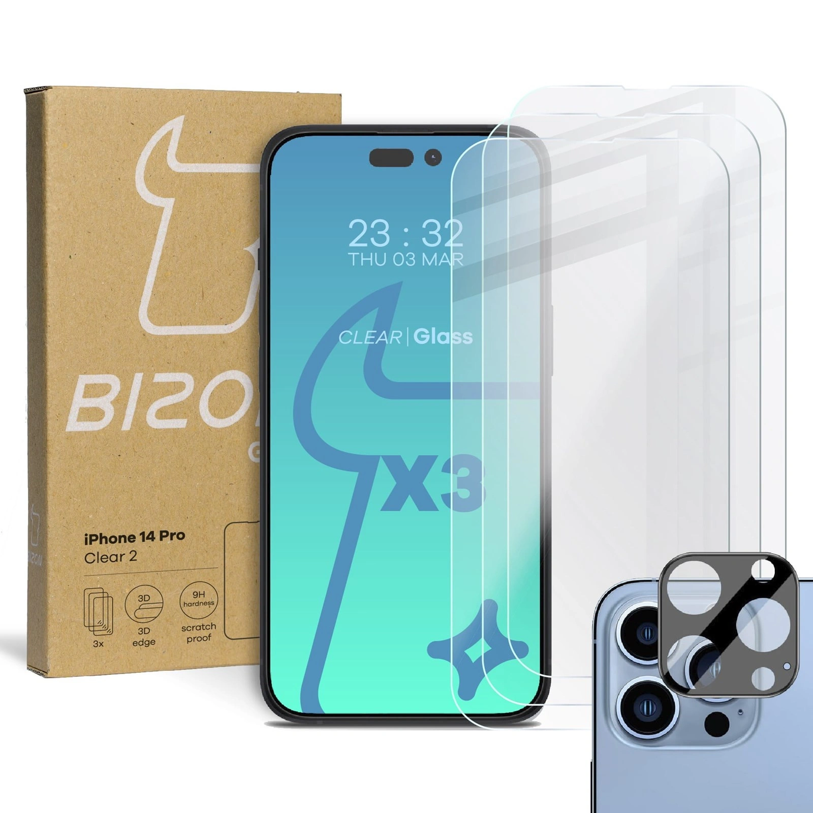 BIZON 3x screen glass + camera glass Apple iPhone 14 Pro