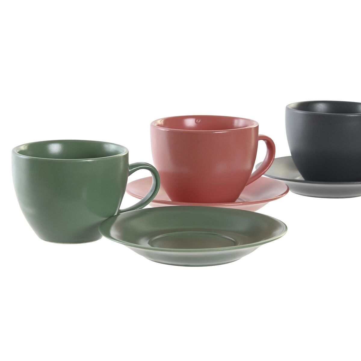 Set of 6 Cups with Plate DKD Home Decor Pink White Green Dark grey Stoneware 150 ml