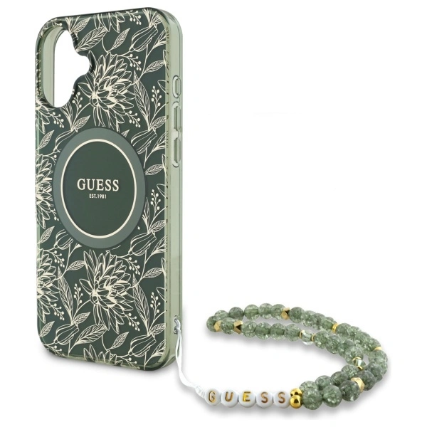 Guess GUHMP16SHCPOFPA Apple iPhone 16 hardcase IML Flowers Allover Electro With Pearl Strap MagSafe green