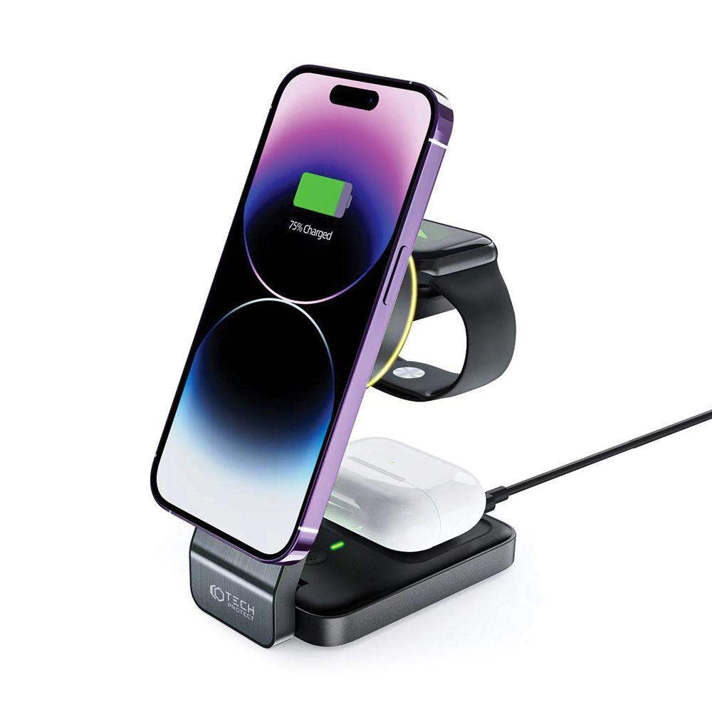 Tech-protect Qi15W-A28 3in1 Magnetic Wireless Charger MagSafe Black