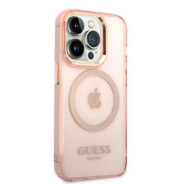 Guess GUHMP14LHTCMP Apple iPhone 14 Pro pink hard case Gold Outline Translucent MagSafe