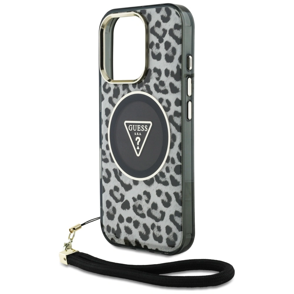 Guess HC IML Leopard Triangle Cord Strap do Apple iPhone 16 Pro Max MagSafe black