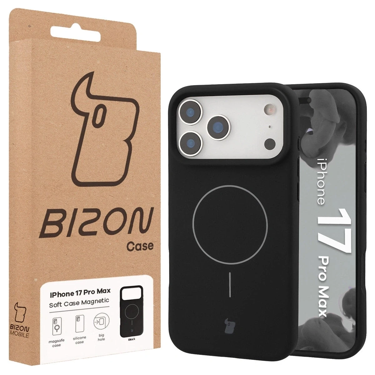 Silikonowe etui z pierścieniem magnetycznym Bizon Soft Case Magnetic do Apple iPhone 17 Pro Max czarne