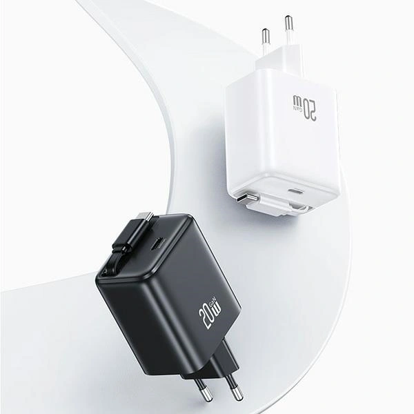 USAMS USB-C Wall Charger + retractable USB-C PD+QC 20W Gan Fast Charging white YC Series