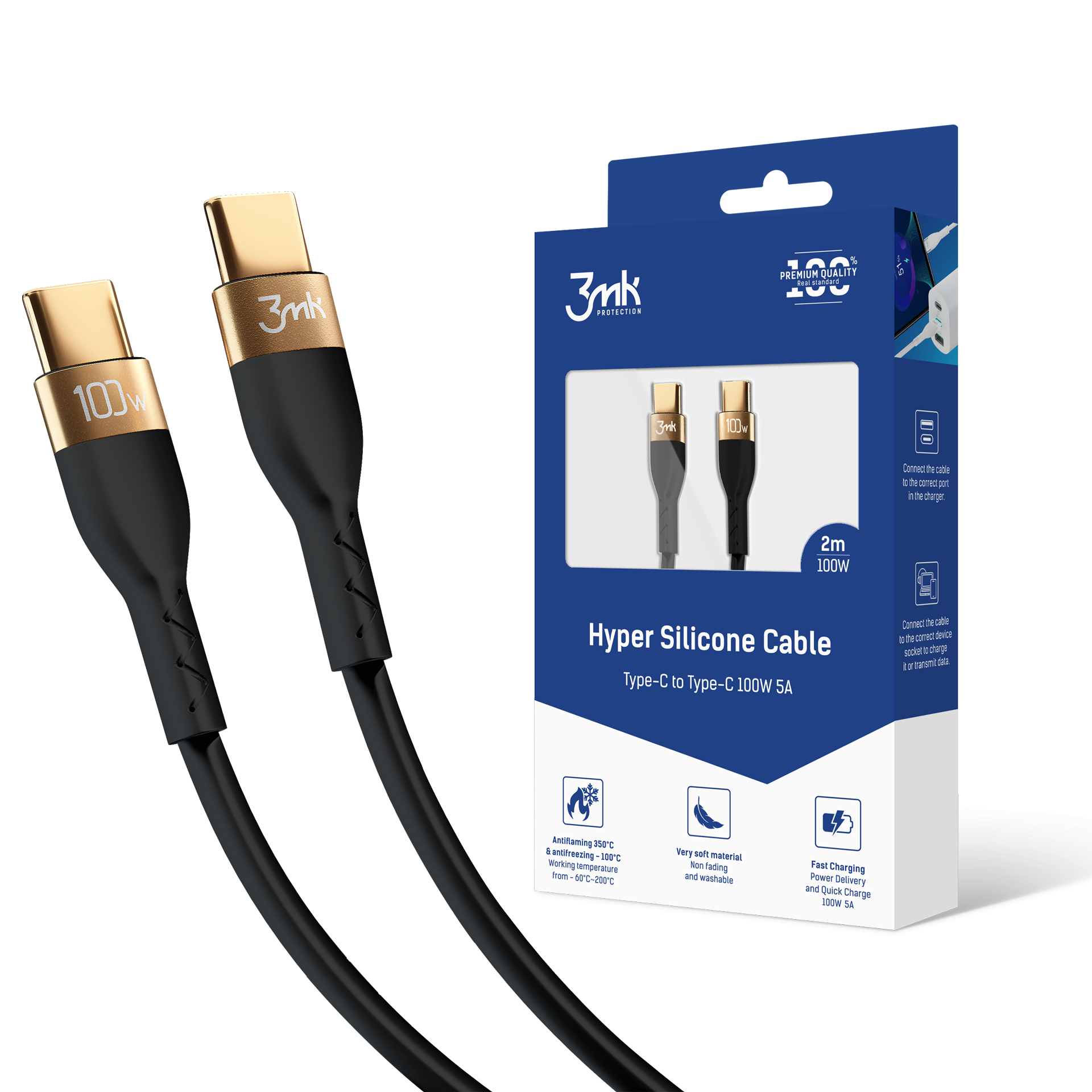 3MK HyperSilicone USB-C/USB-C 100W 2m black