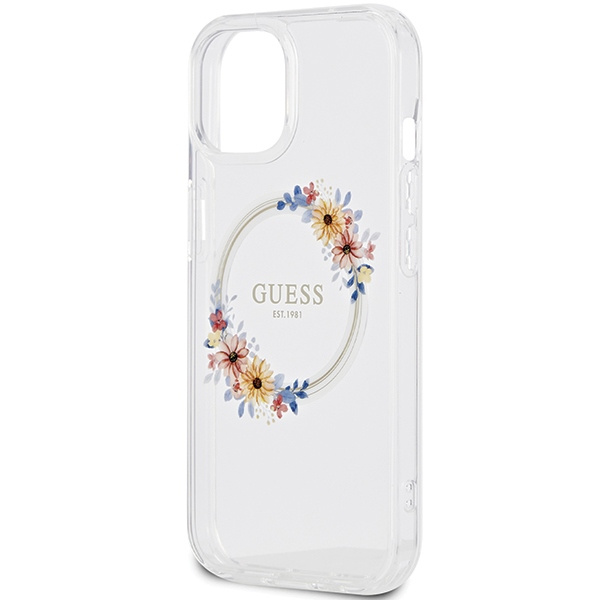 Guess GUHMP15SHFWFCT Apple iPhone 15 / 14 hardcase IML Flowers Wreatch MagSafe transparent