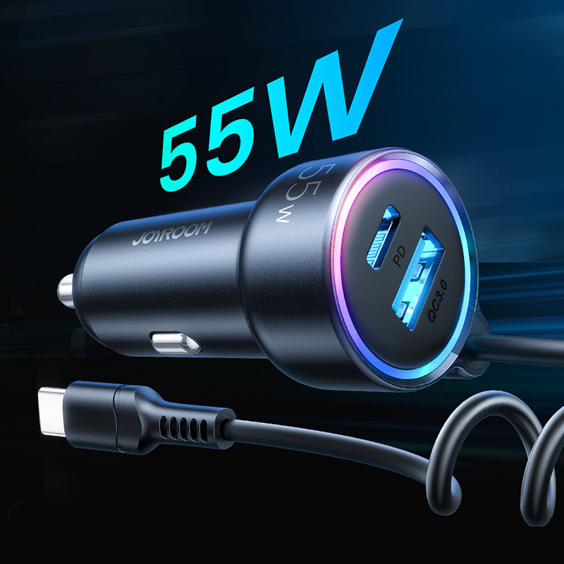 Joyroom fast car charger 3 in 1 with USB-C cable 1.5m 55W black (JR-CL07)