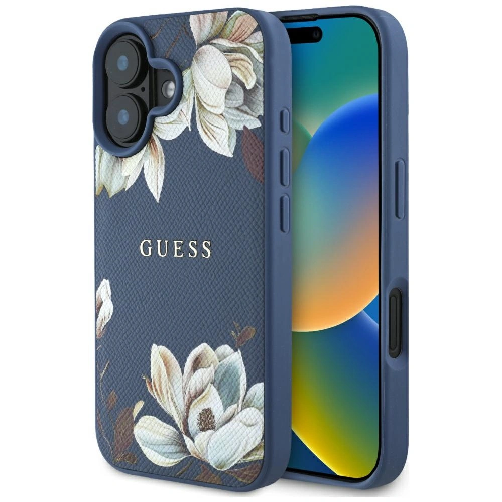 Guess Grained Printed Flower Pattern MagSafe Apple iPhone 16 blue