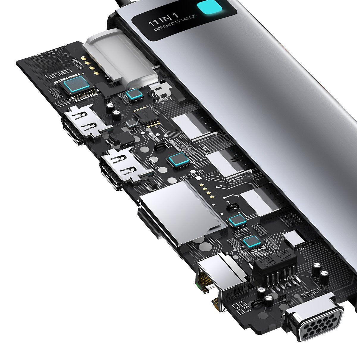 Hub 11in1 Baseus Metal Gleam Series, USB-C to 3x USB 3.0 + 2x HDMI + USB-C PD + Ethernet RJ45 + microSD/SD + VGA + AUX