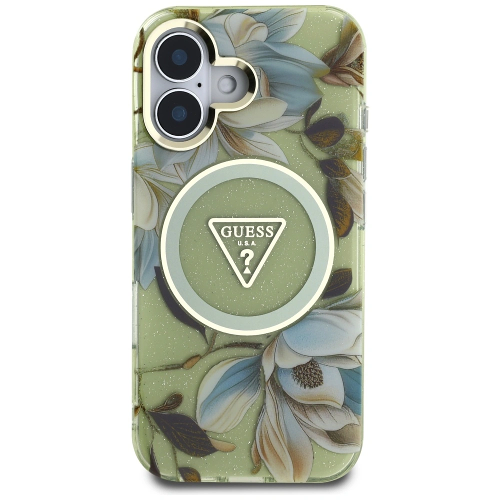 Guess Glitter Flowers Triangle Buttons MagSafe Apple iPhone 16 green