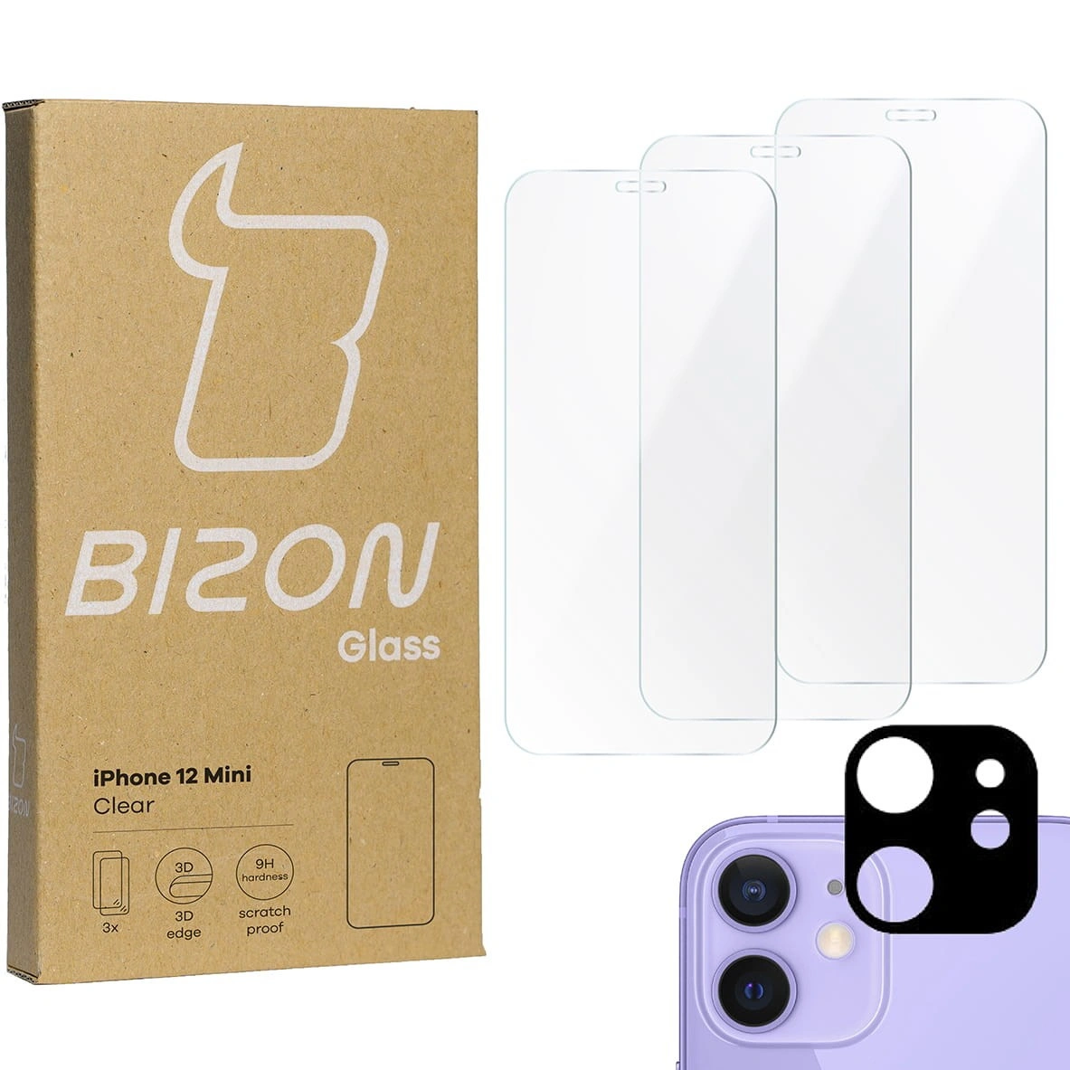 Bizon Glass Clear tempered glass - 3 pcs. + lens glass Apple iPhone 12 Mini