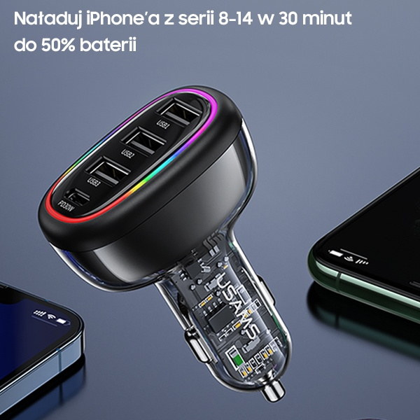 USAMS Car Charger 1xUSB-C 3xUSB-A C34 48W 3A+C PD black CC170CC01 (US-CC170)