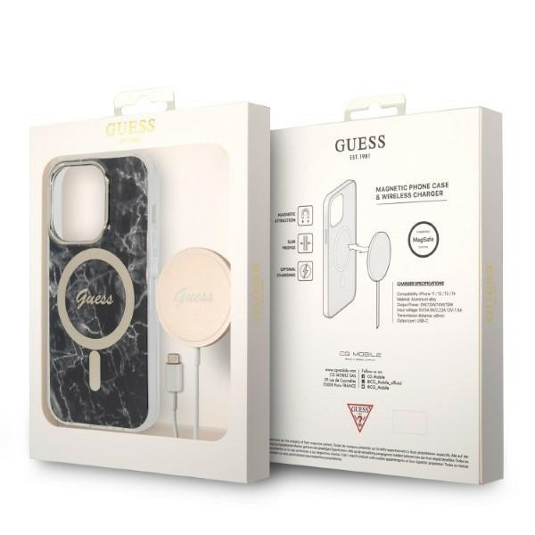 Guess GUBPP14LHMEACSK Case + Wireless Charger Apple iPhone 14 Pro black hard case Marble MagSafe