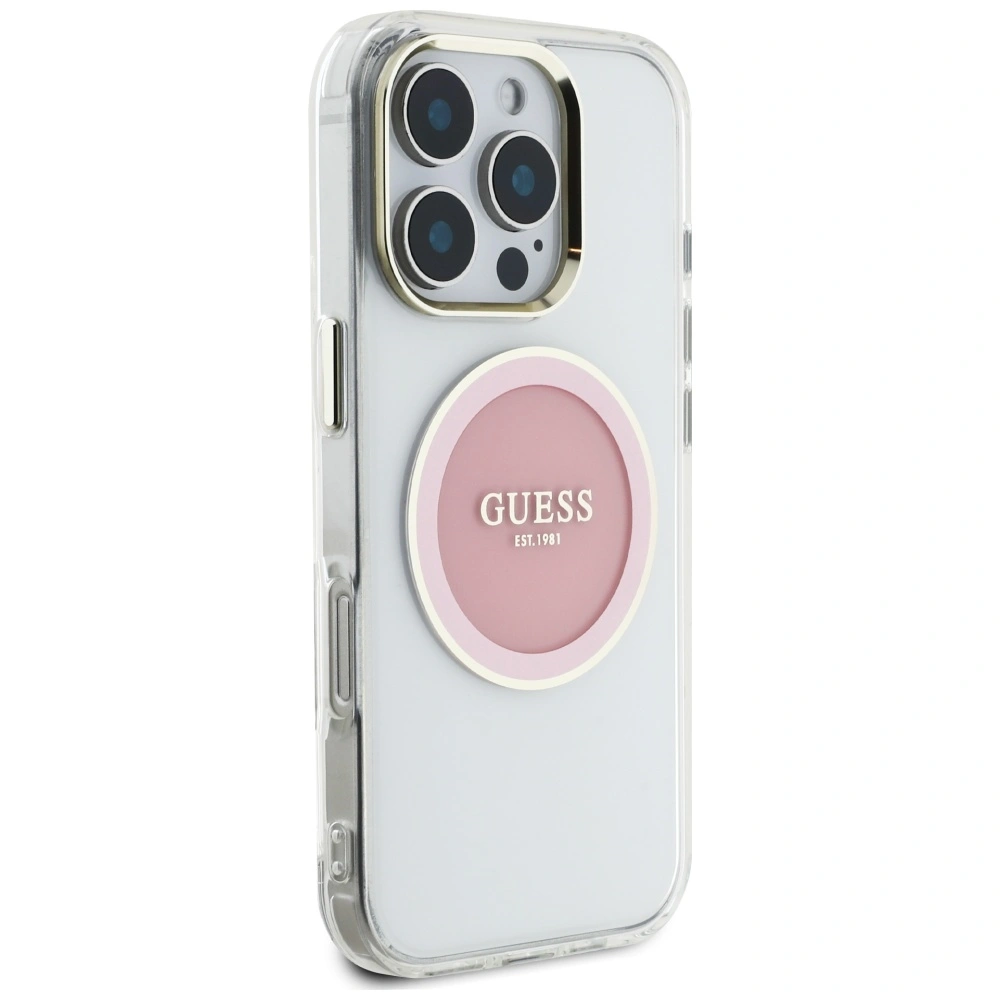 Etui Guess IML Metal Colored Circle Classic Logo MagSafe do Apple iPhone 16 Pro różowy