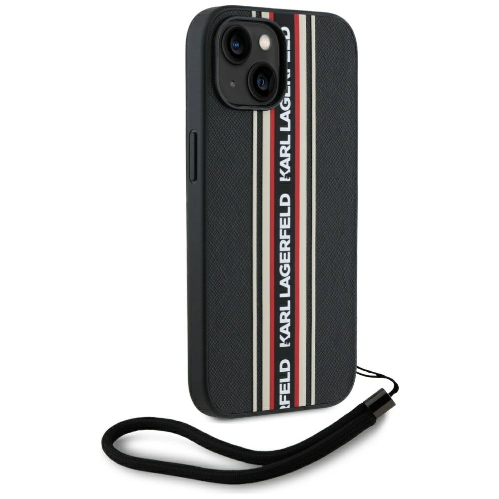 Etui Karl Lagerfeld Saffiano Athleisure Stripes Cord do Apple iPhone 15 czarno-czerwony