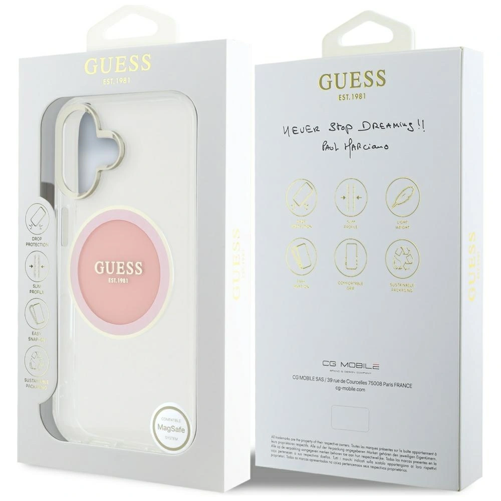 Etui Guess IML Metal Colored Circle Classic Logo MagSafe do Apple iPhone 16 różowy