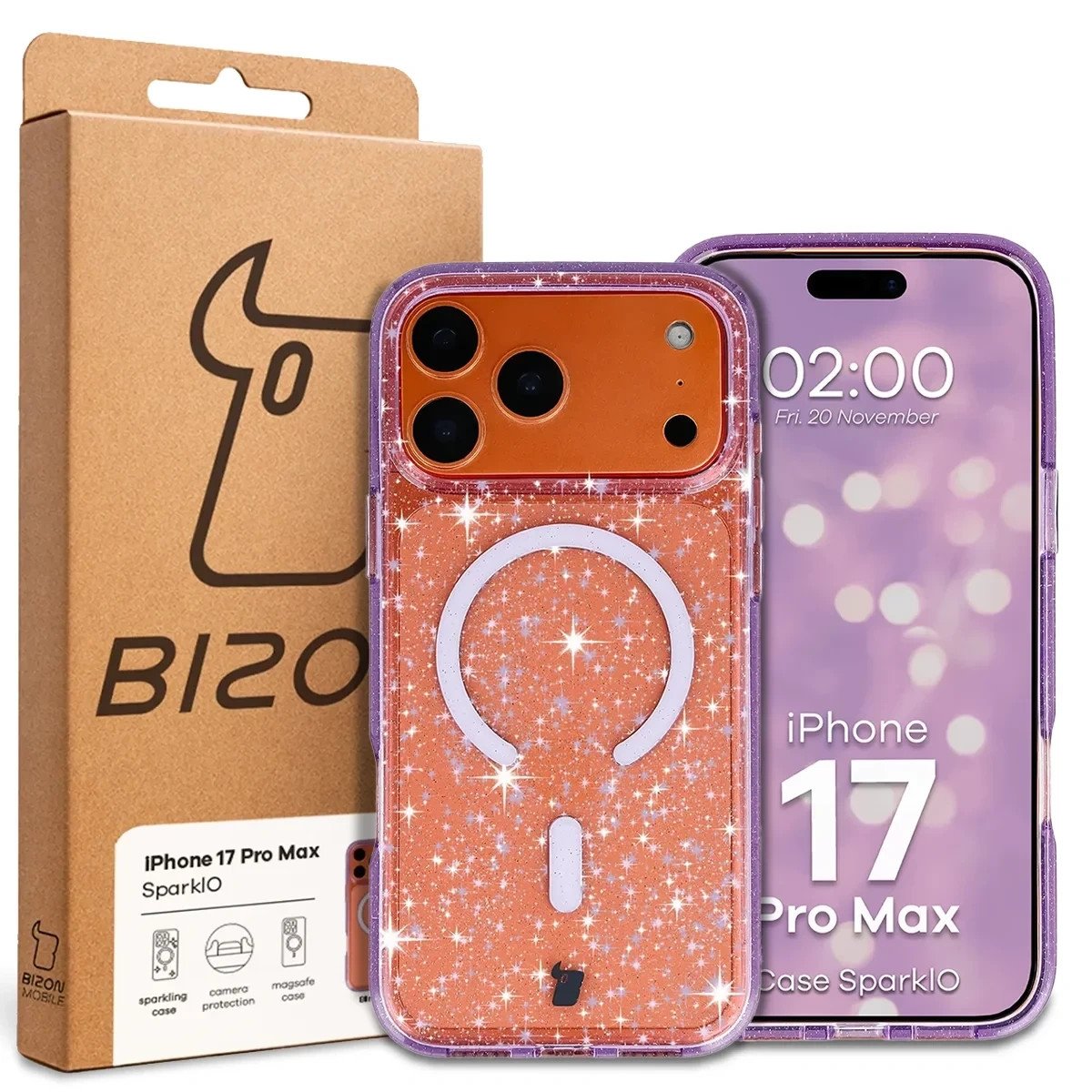 Etui brokatowe z pierścieniem magnetycznym Bizon Case SparklO do Apple iPhone 17 Pro Max, przezroczysto-fioletowe z brokatem