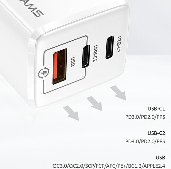 USAMS Wall Charger MT 2xUSB-C+USB GaN 65W T33 PD Fast Charging white CC110TC02 (US-CC110)