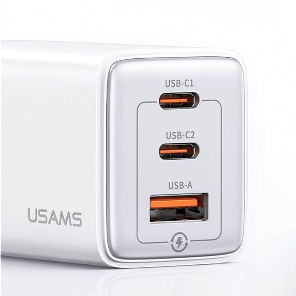 USAMS CC180TC02 wall charger 2xUSB-C+1xUSB-A 65W GaN PD+QC Fast Charging white Sandru Series