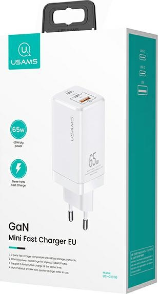 USAMS Wall Charger MT 2xUSB-C+USB GaN 65W T33 PD Fast Charging white CC110TC02 (US-CC110)