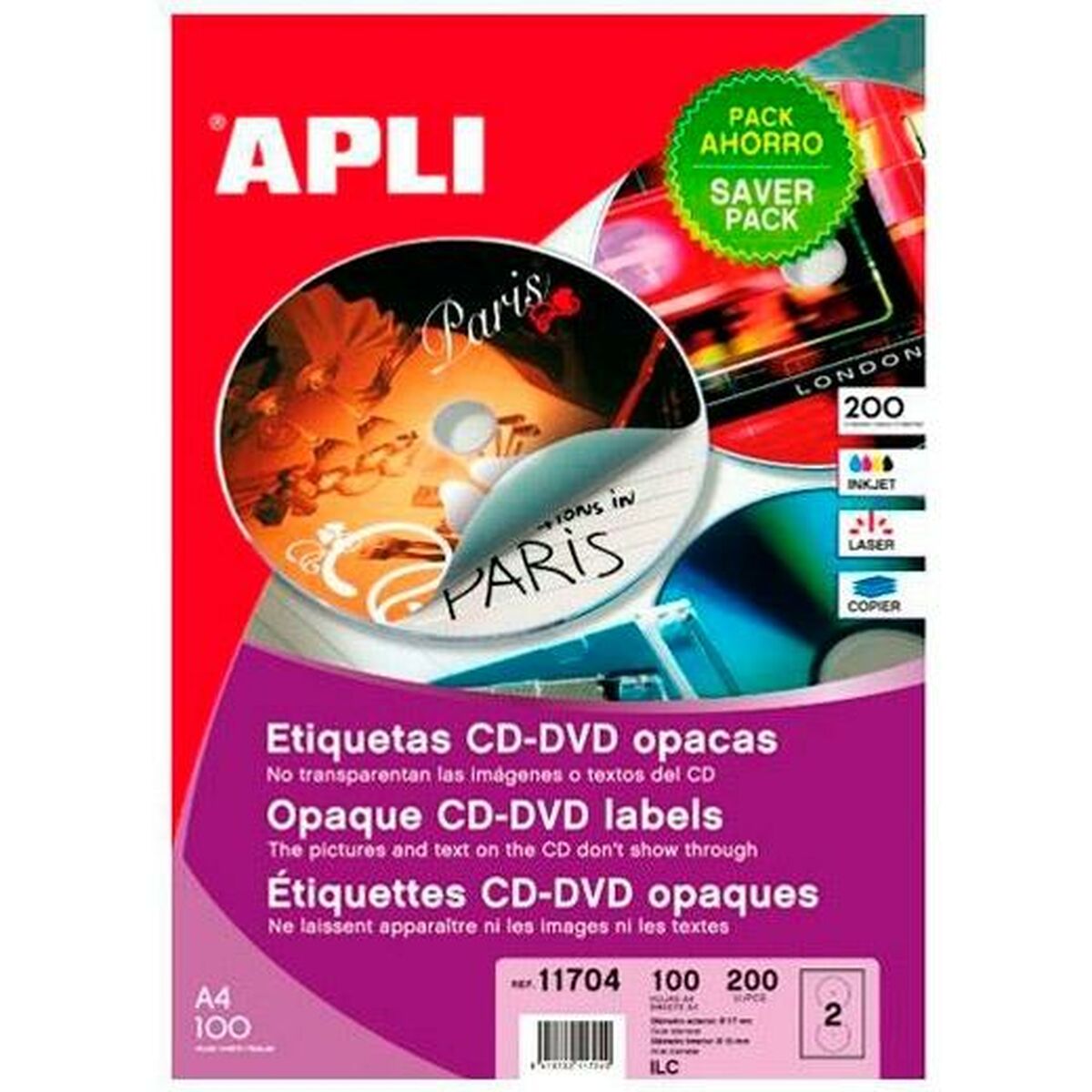 Adhesives/Labels Apli CD/DVD Ø 117 mm White 100 Sheets