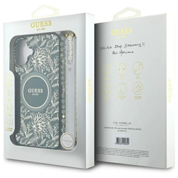 Guess GUHMP16SHCPOFPA Apple iPhone 16 hardcase IML Flowers Allover Electro With Pearl Strap MagSafe green