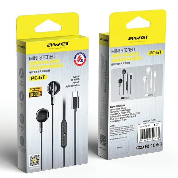 AWEI PC-6T wired in-ear headphones USB-C, 1.2m black