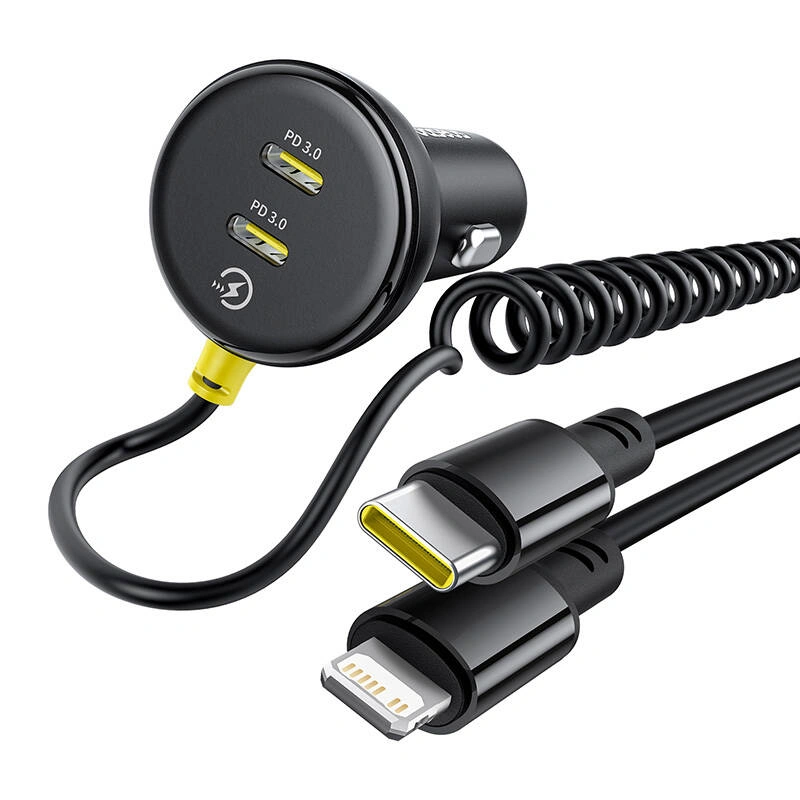 Baseus 60W 2xUSB-C car charger + built-in USB-C, Lightning cable (Black)